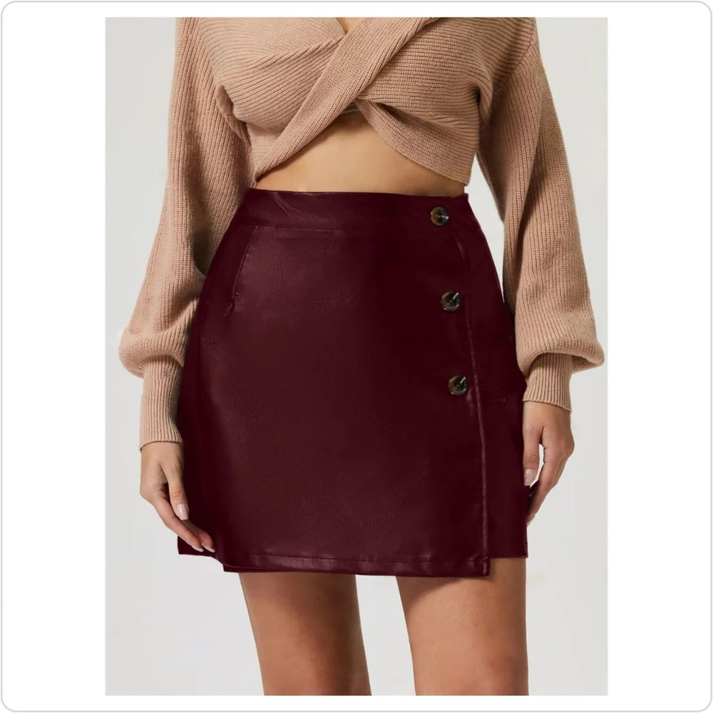 Burgundy High-Rise Mini Skirt with Classic Button Accents